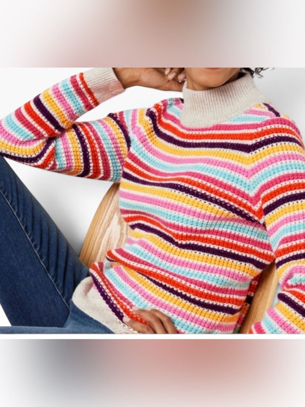 Talbots "Happy" Stripe Multicolor Mock Neck Chunky Knit Sweater P